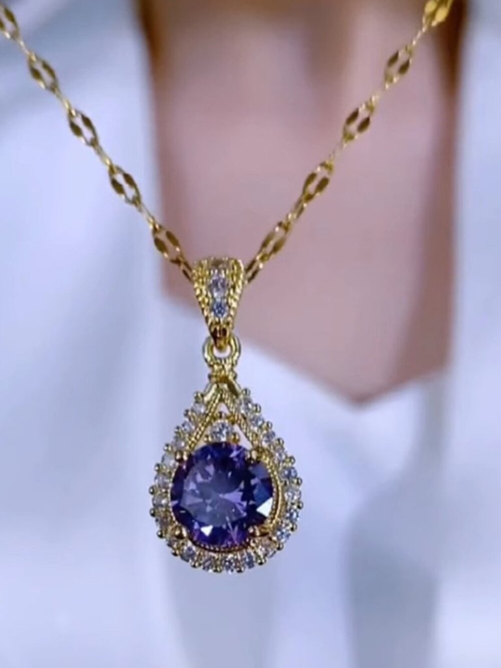 Gold Teardrop Halo Purple CZ Pendant Necklace